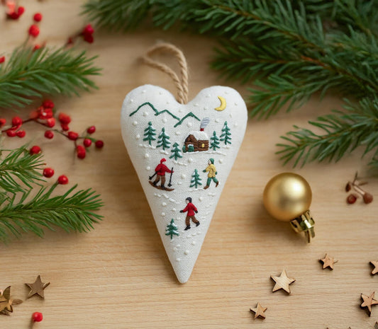 Personalized Skiing Christmas Ornament, Embroidered Heart Tree Ornament, Winter Cabin Scene, Handmade Fabric Holiday Keepsake Gift Gift Idea