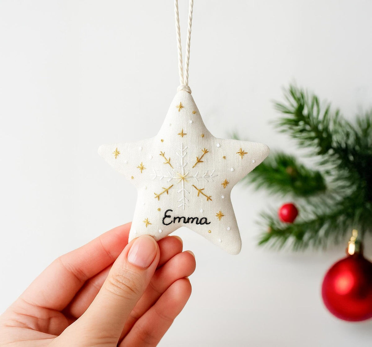 Personalized Embroidered Christmas Ornament – Linen Tree, Star & Heart Shapes, Personalized Holiday Gift, Handmade Decoration Keepsake