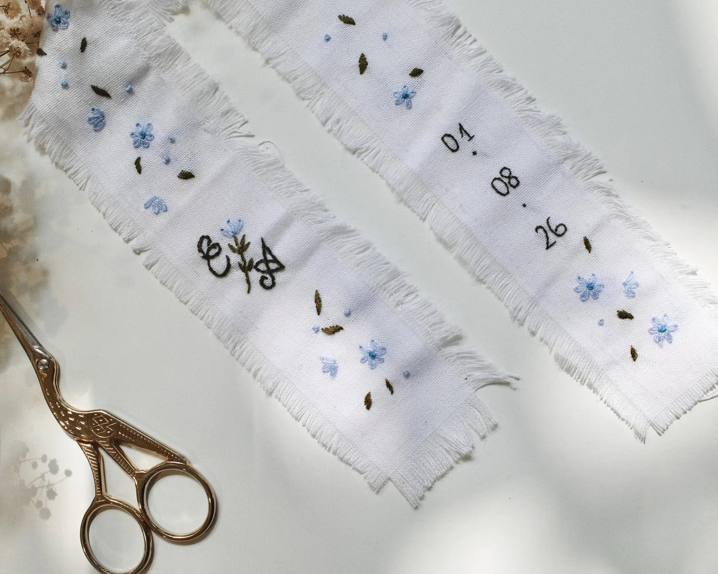Personalized Embroidered Wedding Ribbon – Custom Linen Tie for Bouquet or Hair, Hand-stitched with Names & Date, Bridal Keepsake Gift