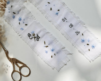 Personalized Embroidered Wedding Ribbon – Custom Linen Tie for Bouquet or Hair, Hand-stitched with Names & Date, Bridal Keepsake Gift