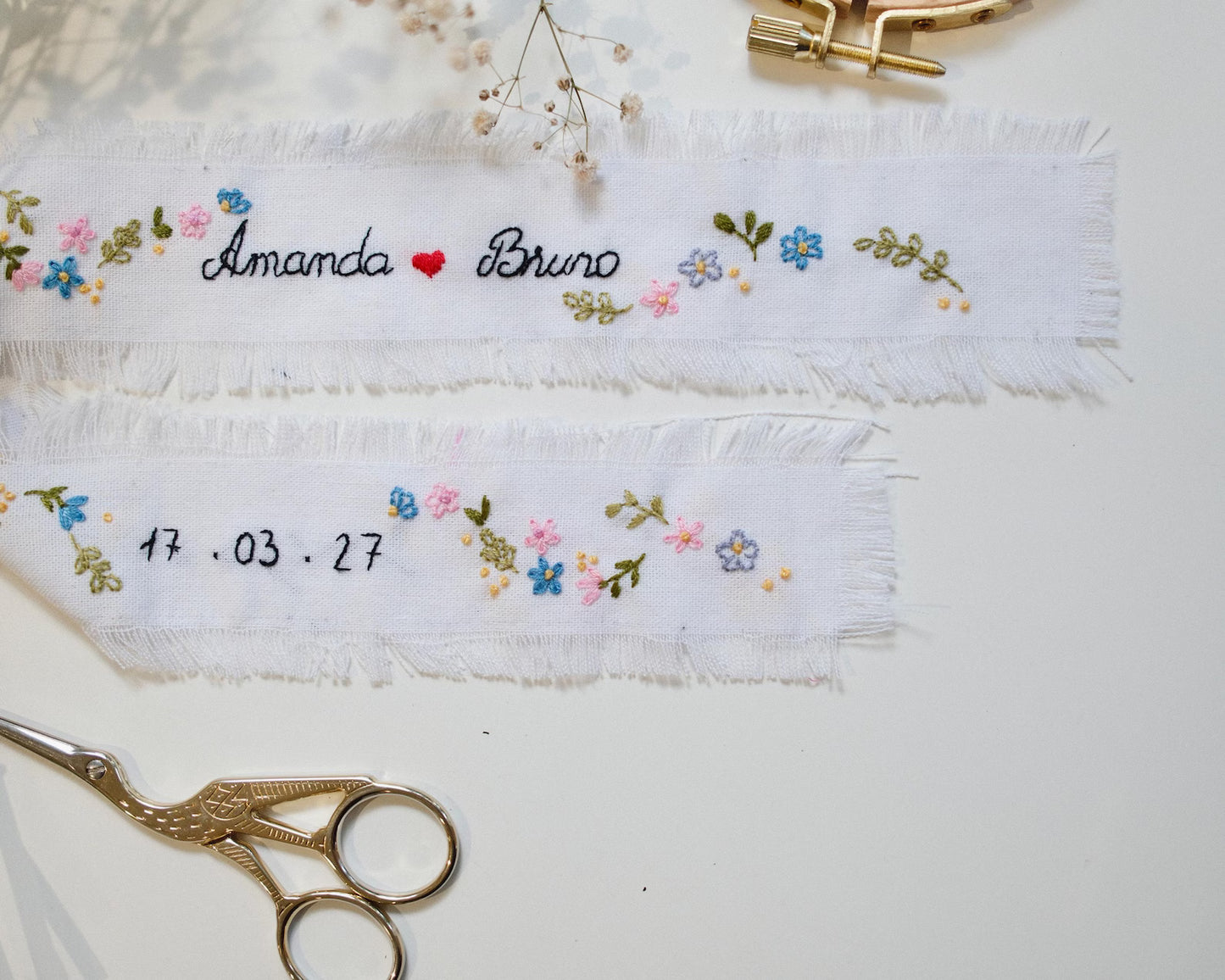 Personalized Embroidered Wedding Ribbon – Custom Linen Tie for Bouquet or Hair, Hand-stitched with Names & Date, Bridal Keepsake Gift