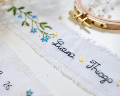 Personalized Embroidered Wedding Ribbon – Custom Linen Tie for Bouquet or Hair, Hand-stitched with Names & Date, Bridal Keepsake Gift