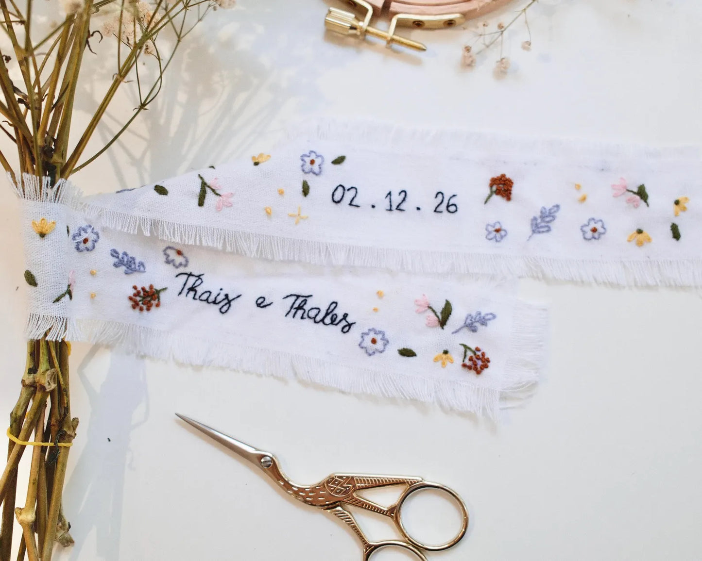 Personalized Embroidered Wedding Ribbon – Custom Linen Tie for Bouquet or Hair, Hand-stitched with Names & Date, Bridal Keepsake Gift