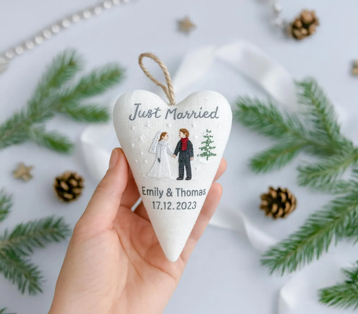 Personalized Embroidered Wedding Christmas Ornament, Heart Linen Newlywed Keepsake, Custom Couple Name Date Xmas Tree Decor