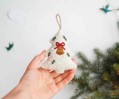 Hand Embroidered Christmas Tree Ornament, Linen Bell Decoration, Handmade Holiday Keepsake, Rustic Xmas Gift, Stocking Stuffer Festive Decor