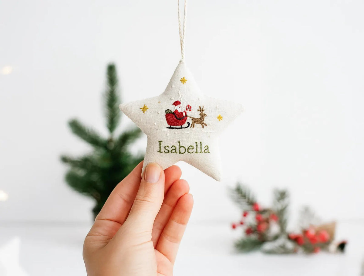 Personalized Embroidered Christmas Ornament – Linen Tree, Star & Heart Shapes, Personalized Holiday Gift, Handmade Decoration Keepsake