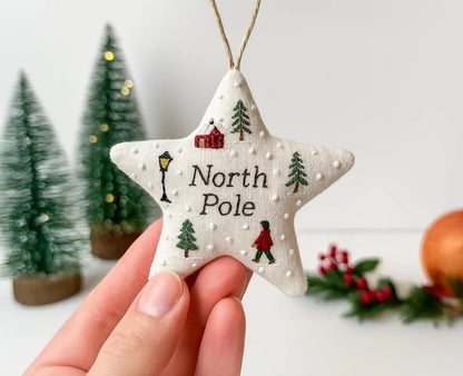 Personalized Embroidered Christmas Star Ornament, Handmade Fabric Tree Decoration, North Pole Holiday Keepsake Gift, Handmade Ornament Gift