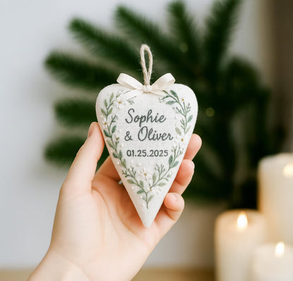 Personalized Wedding Heart Ornament – Hand Embroidered Linen Floral Ornament with Names & Date – Custom Wedding Christmas Gift Decoration