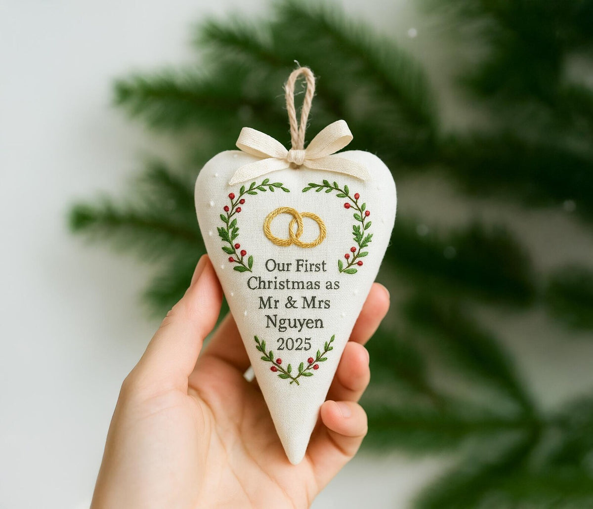 Personalized Wedding Heart Ornament – Hand Embroidered Linen Floral Ornament with Names & Date – Custom Wedding Christmas Gift Decoration