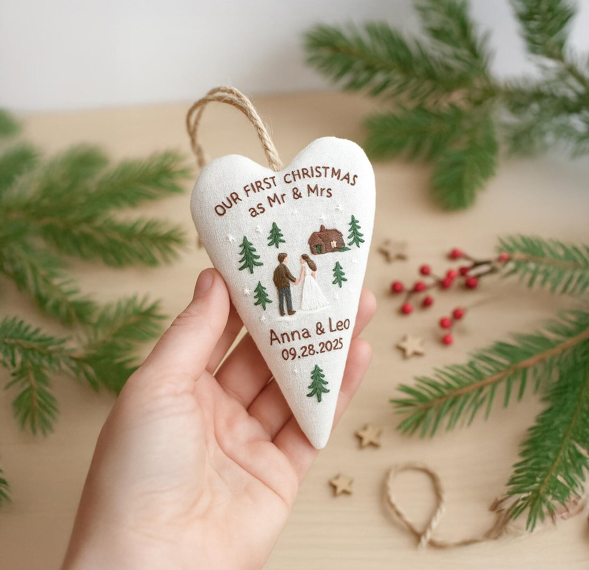 Personalized First Christmas as Mr & Mrs Ornament, Hand Embroidered Couple Heart, Custom Names Date, Newlywed Christmas Keepsake Gift 2026