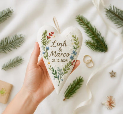 Personalized Wedding Heart Ornament – Hand Embroidered Linen Floral Ornament with Names & Date – Custom Wedding Christmas Gift Decoration