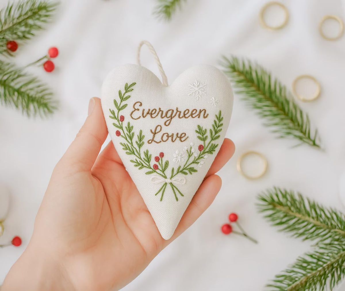 Personalized Wedding Heart Ornament – Hand Embroidered Linen Floral Ornament with Names & Date – Custom Wedding Christmas Gift Decoration