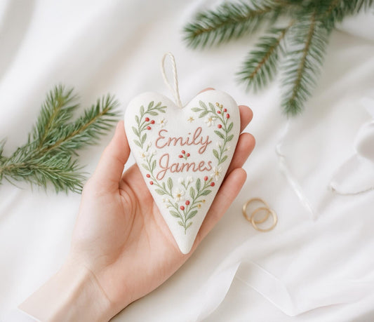 Personalized Wedding Heart Ornament – Hand Embroidered Linen Floral Ornament with Names & Date – Custom Wedding Christmas Gift Decoration