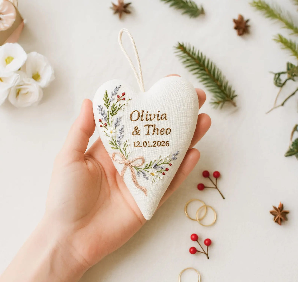 Personalized Wedding Heart Ornament – Hand Embroidered Linen Floral Ornament with Names & Date – Custom Wedding Christmas Gift Decoration