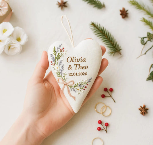 Personalized Wedding Heart Ornament – Hand Embroidered Linen Floral Ornament with Names & Date – Custom Wedding Christmas Gift Decoration