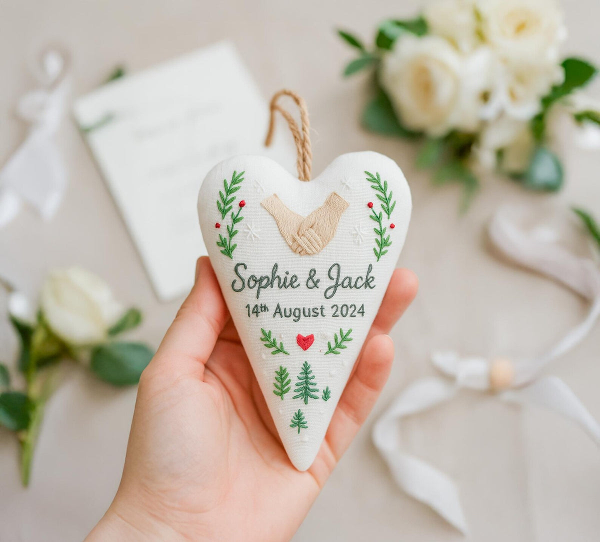 Personalized Wedding Ornament, Embroidered Heart Keepsake, Custom Couple Names Date, Handmade Bridal Shower Gift, Anniversary Gift Decor Art