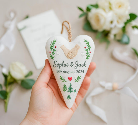 Personalized Wedding Ornament, Embroidered Heart Keepsake, Custom Couple Names Date, Handmade Bridal Shower Gift, Anniversary Gift Decor Art