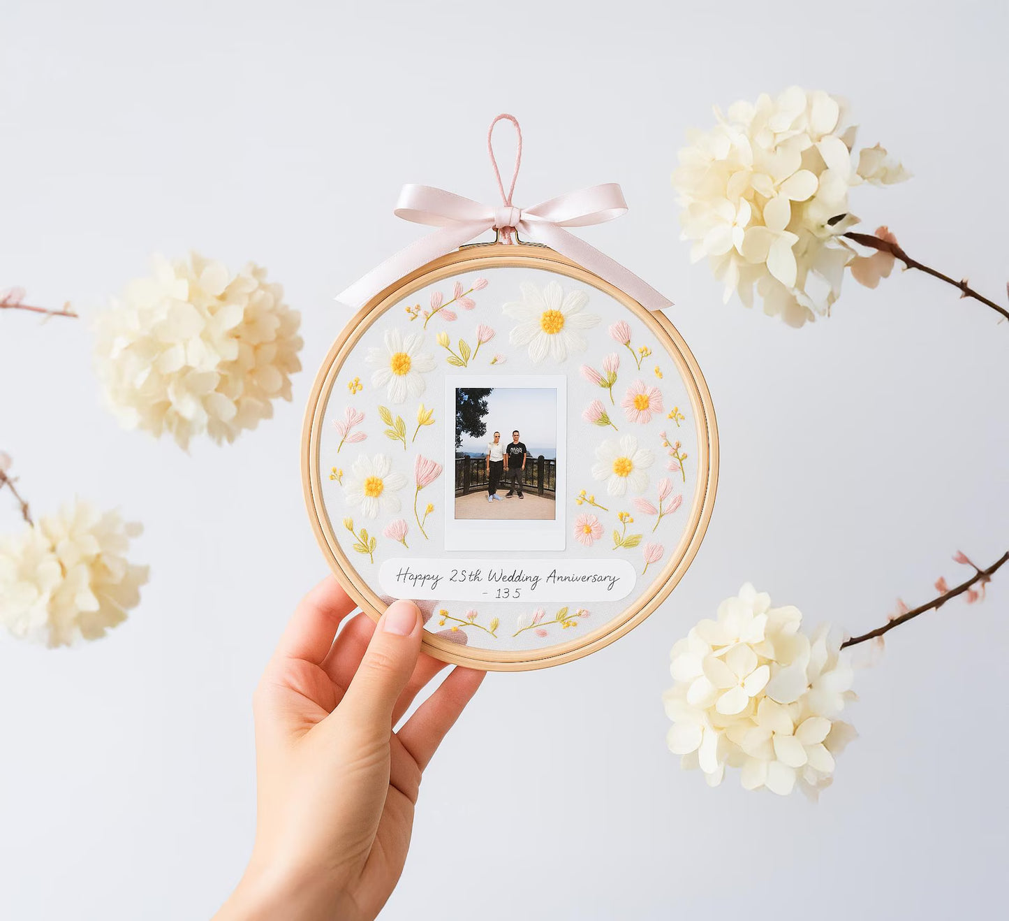 Custom Wedding Embroidery Transparent Hoop with Flowers and Photo – Personalized Hand Embroidered Wildflowers Gift for Couple, Wedding Gift