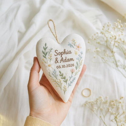 Personalized Embroidered Heart Ornament, Custom Names and Wedding Date, Floral Linen Keepsake, Handmade Wedding Anniversary Gift for Couples