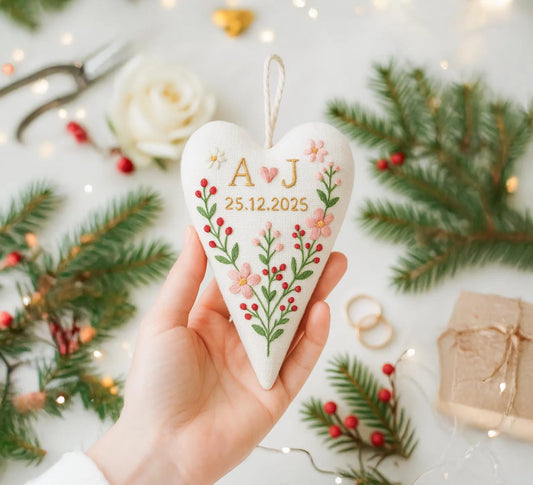 Personalized Christmas Heart Ornament, Custom Embroidered Wedding Keepsake, Handmade Linen Floral Ornament, Anniversary Gift for Couple