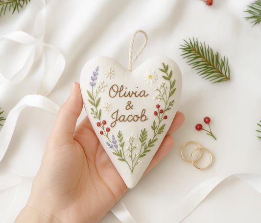 Personalized Wedding Heart Ornament – Hand Embroidered Linen Floral Ornament with Names & Date – Custom Wedding Christmas Gift Decoration