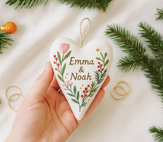 Personalized Embroidered Heart Ornament, Custom Couple Wedding Keepsake Gift, Handmade Floral Christmas Decor, Engagement Bridal Gift