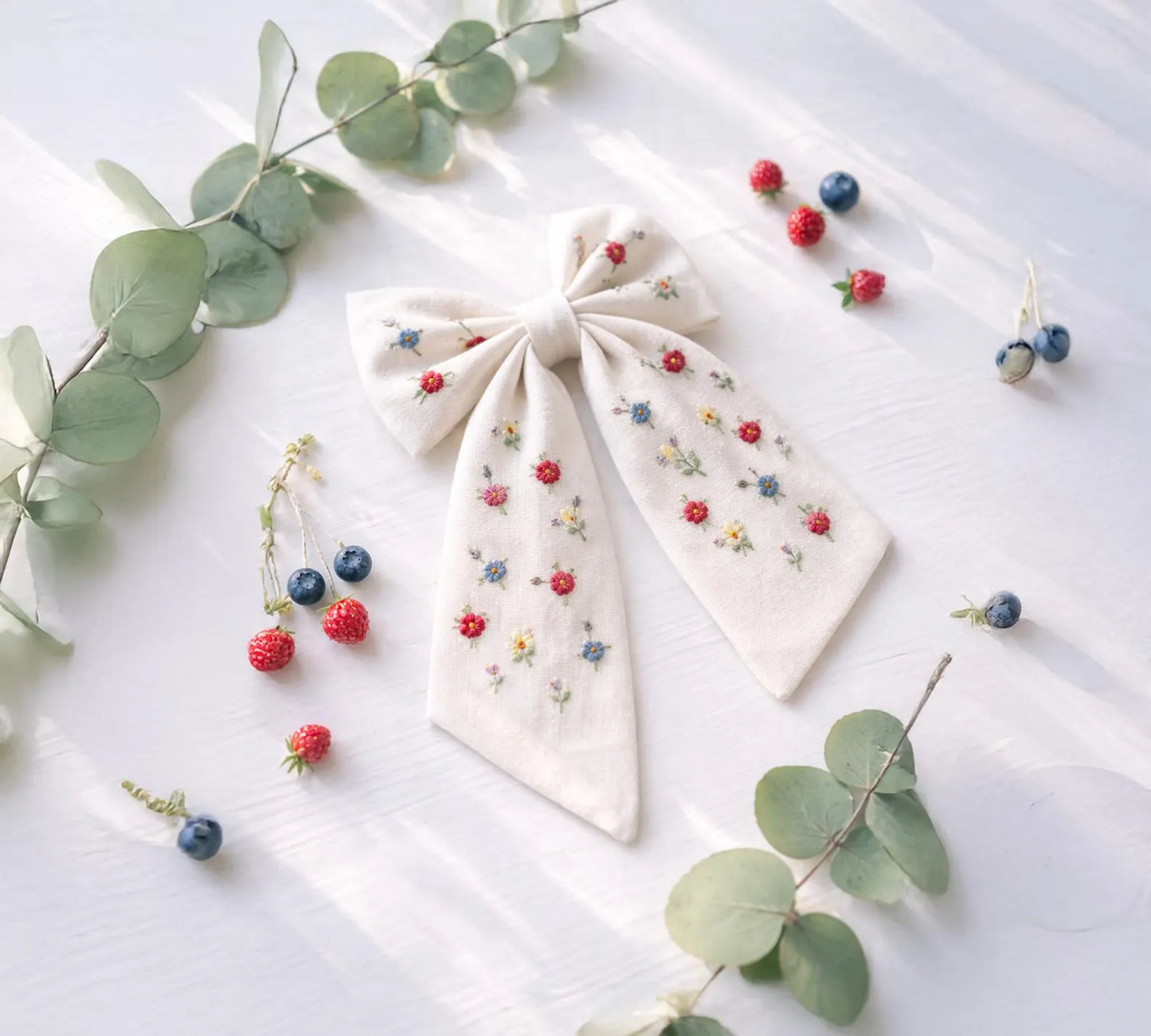 Personalized Delicate Wildflowers Linen Hair Bow – Hand Embroidered Flower Bow with Initial – Custom Name Text Bow for Girls, Handmade Hairpin Bow for Girl