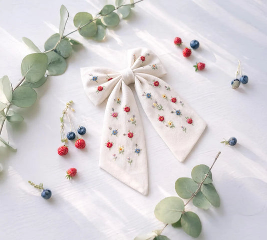 Personalized Delicate Wildflowers Linen Hair Bow – Hand Embroidered Flower Bow with Initial – Custom Name Text Bow for Girls, Handmade Hairpin Bow for Girl