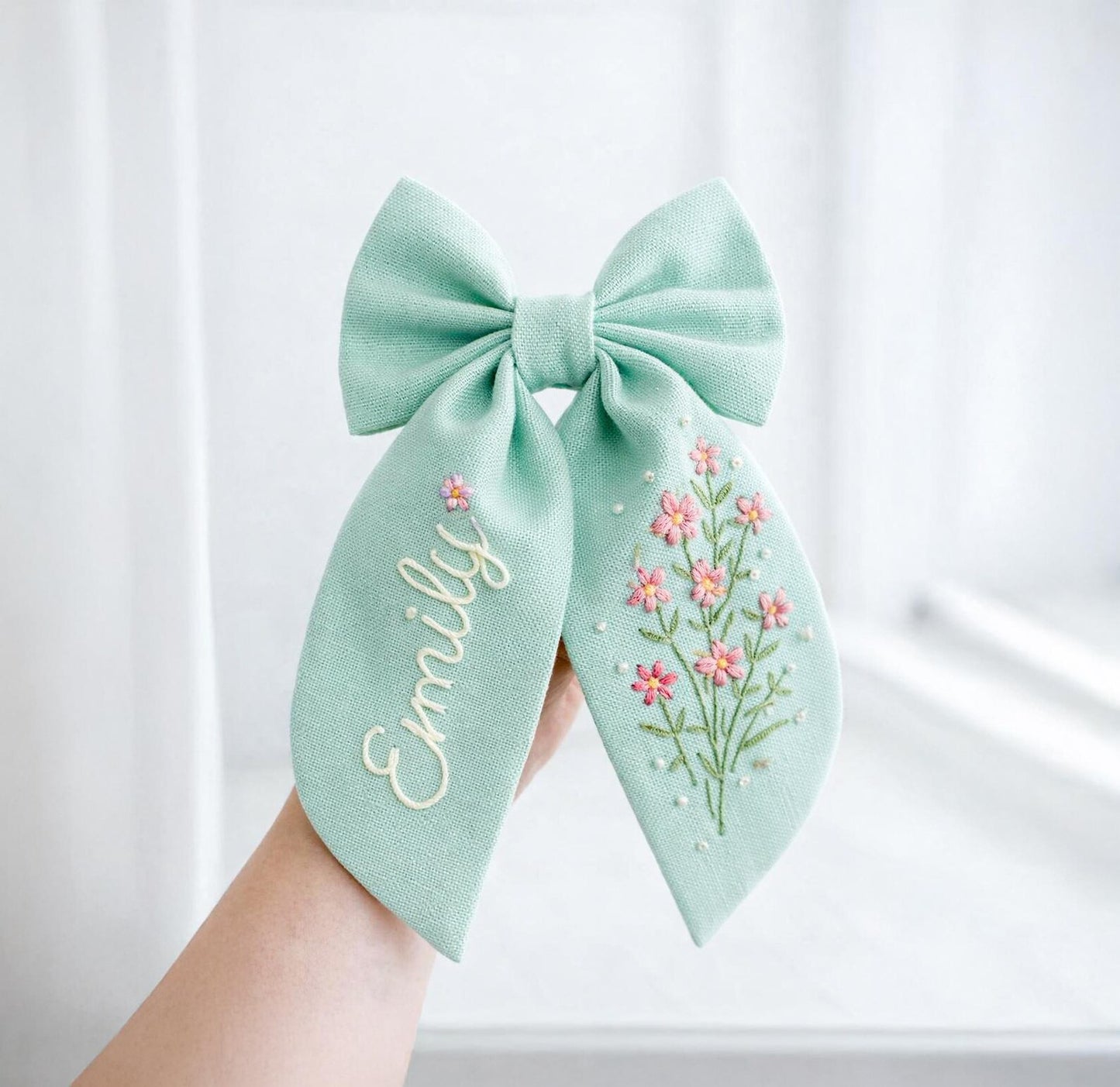Personalized Tiny Floral Linen Hair Bow – Hand Embroidered Flower Bow with Initial – Custom Name Text Bow for Girls, Handmade Hairpin Bow for Girl