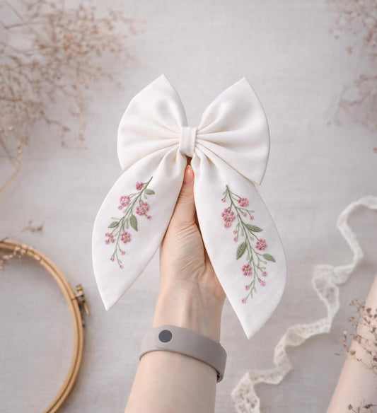 Personalized Blush Floral Linen Hair Bow – Hand Embroidered Flower Bow with Initial – Custom Name Text Bow for Girls, Handmade Hairpin Bow for Girl