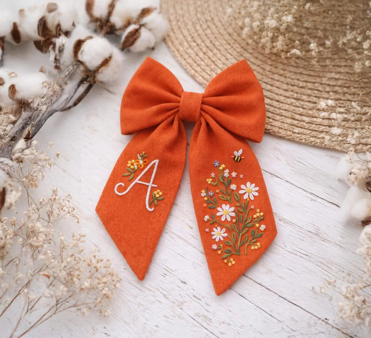 Personalized Linen Hair Bow – Hand Embroidered Flower Bow with Initial – Custom Name Text Bow for Girls, Handmade Hairpin Bow for Girl