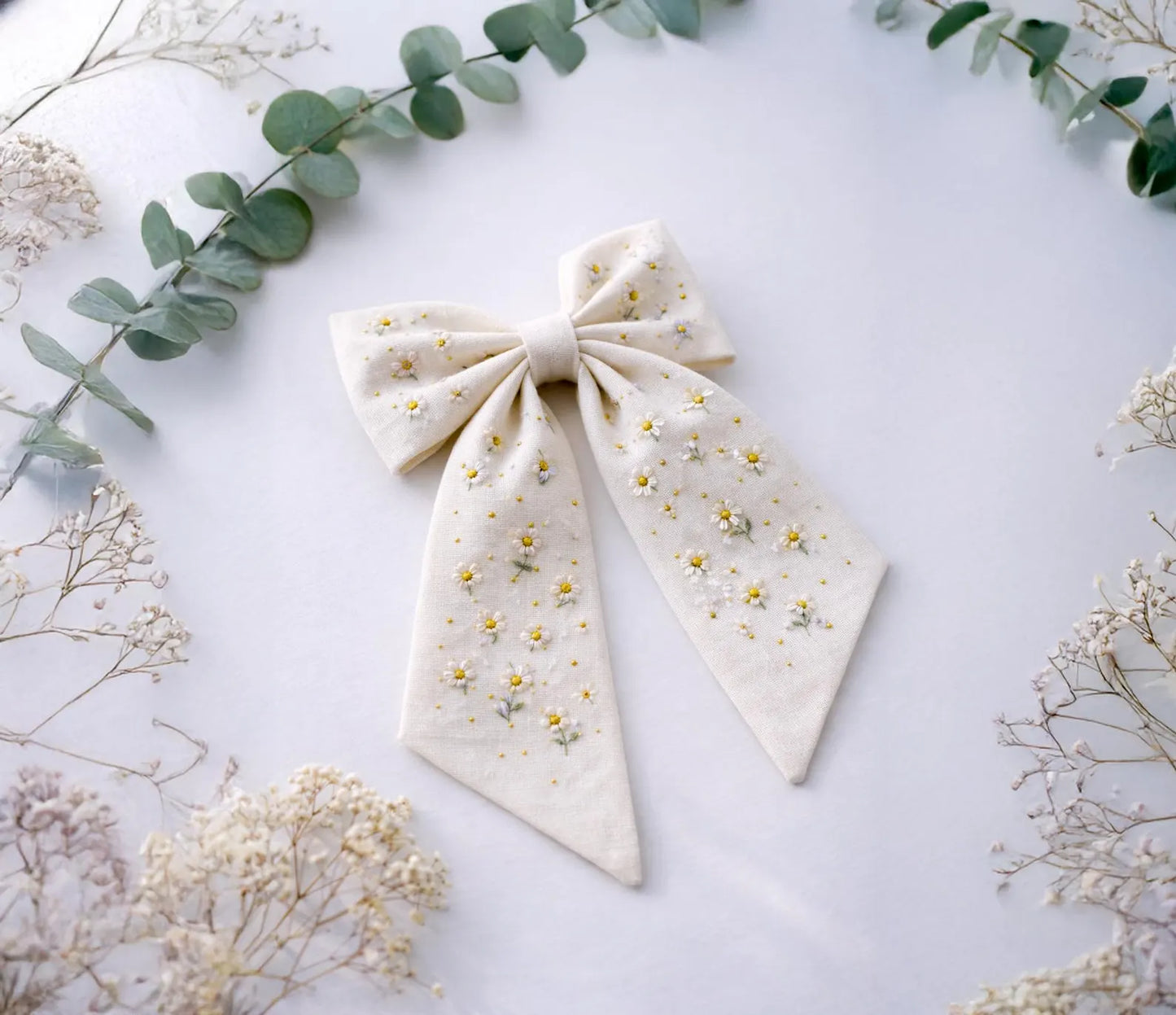 Personalized Delicate Wildflowers Linen Hair Bow – Hand Embroidered Flower Bow with Initial – Custom Name Text Bow for Girls, Handmade Hairpin Bow for Girl