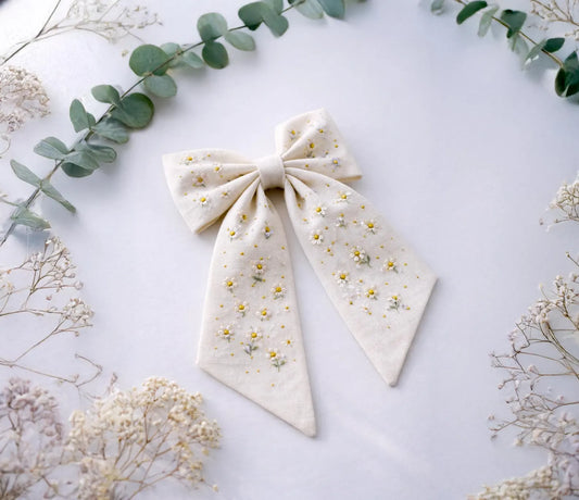 Personalized Delicate Wildflowers Linen Hair Bow – Hand Embroidered Flower Bow with Initial – Custom Name Text Bow for Girls, Handmade Hairpin Bow for Girl