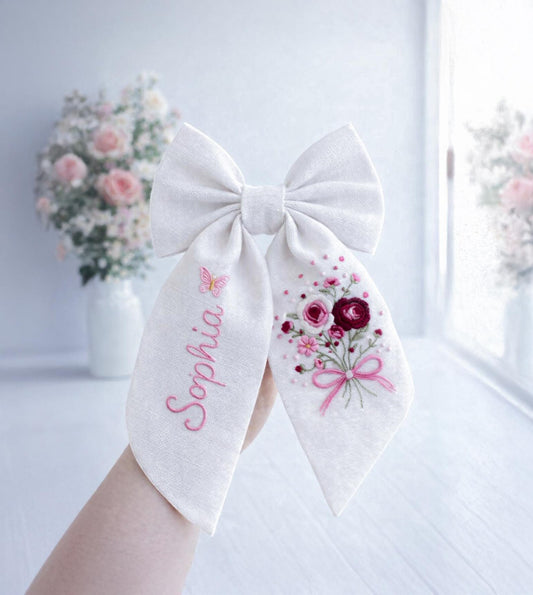 Personalized Tiny Floral Linen Hair Bow – Hand Embroidered Flower Bow with Initial – Custom Name Text Bow for Girls, Handmade Hairpin Bow for Girl