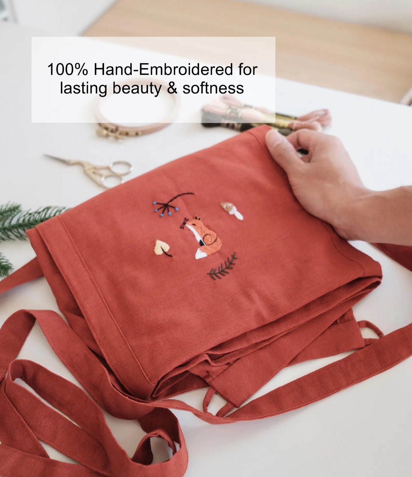 Hand Embroidered Mouse Linen Apron, Strawberry Woodland Apron, Cottagecore Nature Inspired Handmade Gift