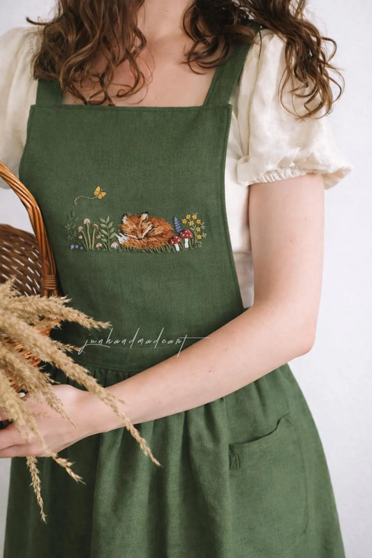Hand Embroidered Fox Linen Apron, Cottagecore Woodland Apron, Handmade Nature Inspired Apron Gift for Her