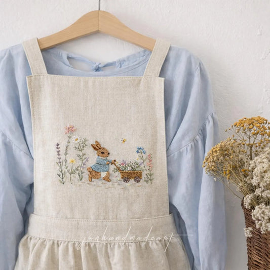 Hand Embroidered Bunny Linen Apron, Cottagecore Spring Apron with Floral Cart, Handmade Apron Gift for Her