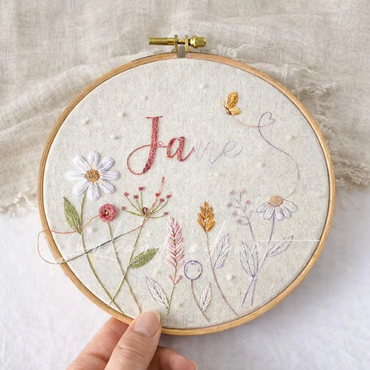 Personalized Floral Name Embroidered Linen Apron, Custom Wildflower Cottagecore Apron, Handmade Kitchen Gift for Mom, Baker or Her