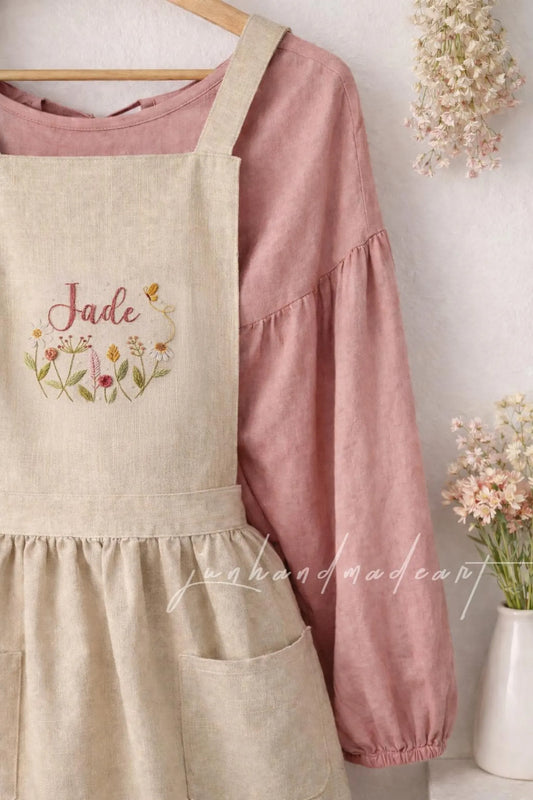 Personalized Floral Name Embroidered Linen Apron, Custom Wildflower Cottagecore Apron, Handmade Kitchen Gift for Mom, Baker or Her