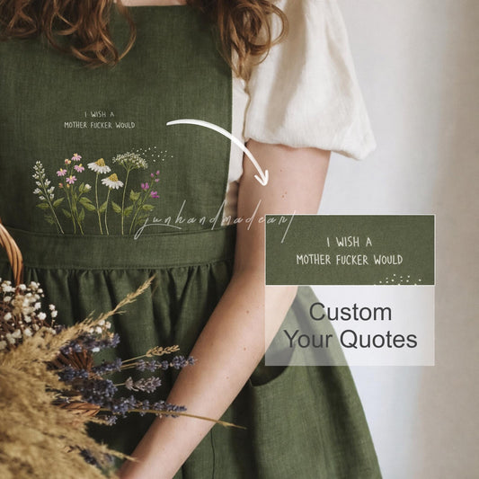 Personalized Floral Name Embroidered Linen Apron, Custom Wildflower Cottagecore Apron, Handmade Kitchen Gift for Mom, Baker or Her