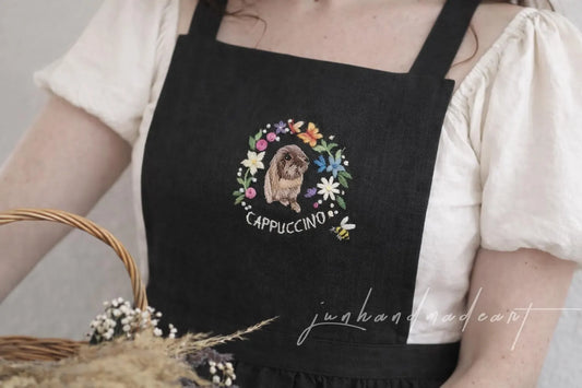 Custom Bunny Portrait Embroidered Linen Apron, Personalized Rabbit & Floral Apron, Handmade Cottagecore Pet Lover Gift for Her