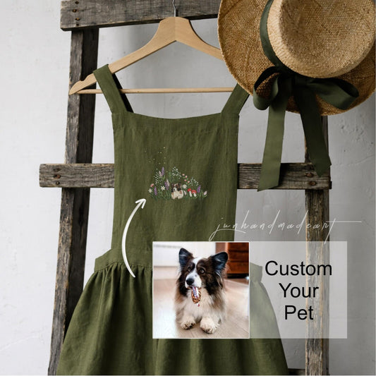 Custom Pet Portrait Embroidered Linen Apron, Personalized Cat Apron with Name, Handmade Gift for Pet Lovers