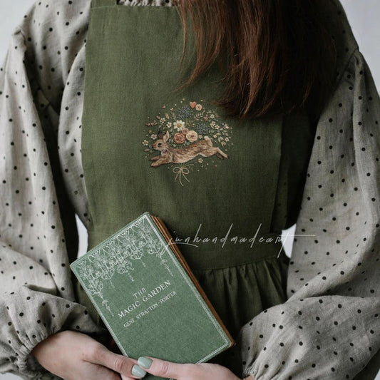 Hand Embroidered Rabbit Linen Apron, Woodland Bunny & Floral Wreath Apron, Handmade Cottagecore Kitchen Apron, Storybook Gift for Her