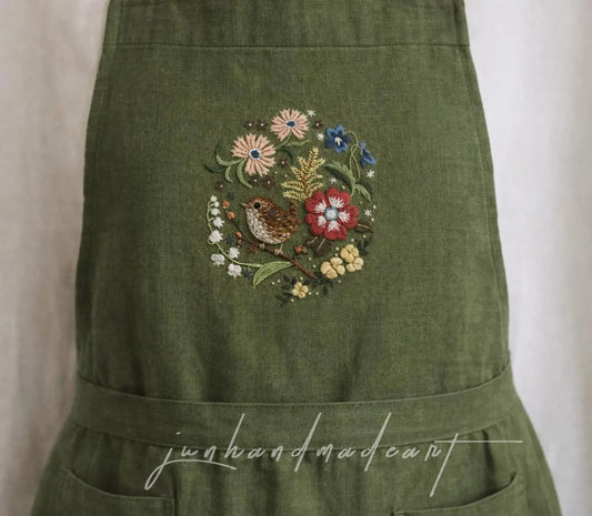 Hand Embroidered Bird Floral Linen Apron, Vintage Cottagecore Green Apron, Woodland Garden Apron, Handmade Nature Gift for Her