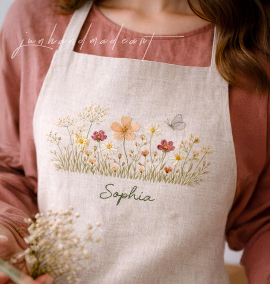 Personalized Wildflower Linen Apron, Hand Embroidered Floral Garden Apron with Name, Cottagecore Cooking Apron, Custom Gift for Her