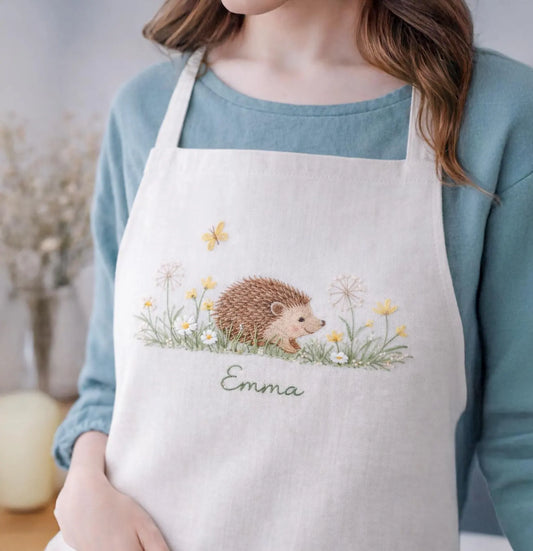 Personalized Hedgehog Linen Apron, Hand Embroidered Woodland Animal Apron with Name, Cottagecore Floral Apron, Custom Gift for Her