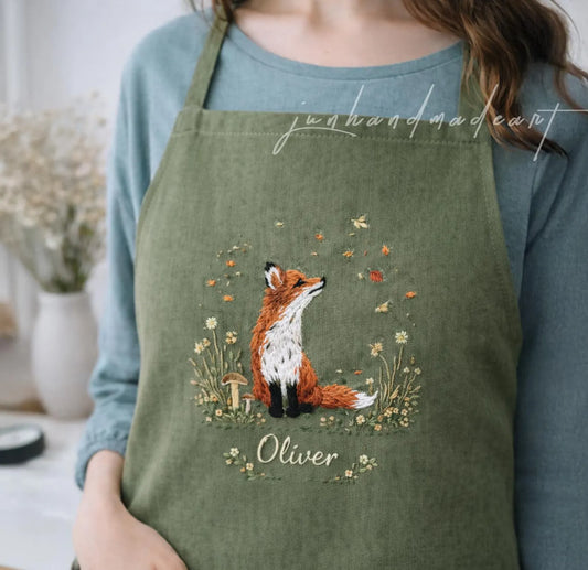 Personalized Fox Linen Apron, Hand Embroidered Woodland Animal Apron with Name, Cottagecore Autumn Apron, Custom Gift for Her