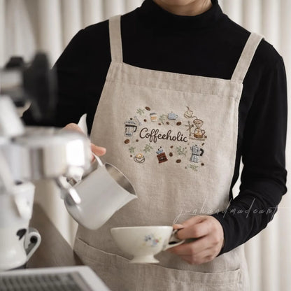 Coffeeholic Embroidered Linen Apron, Handmade Coffee Lover Apron, Cozy Kitchen Apron Gift for Her or Him