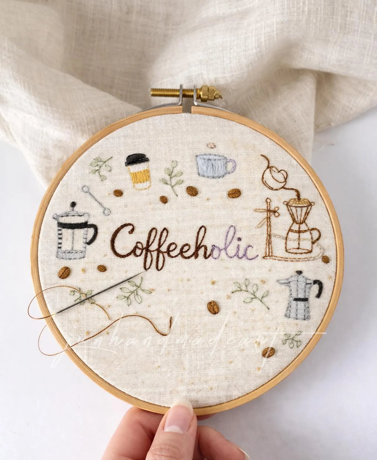 Coffeeholic Embroidered Linen Apron, Handmade Coffee Lover Apron, Cozy Kitchen Apron Gift for Her or Him