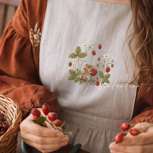 Hand Embroidered Mouse Linen Apron, Strawberry Woodland Apron, Cottagecore Nature Inspired Handmade Gift